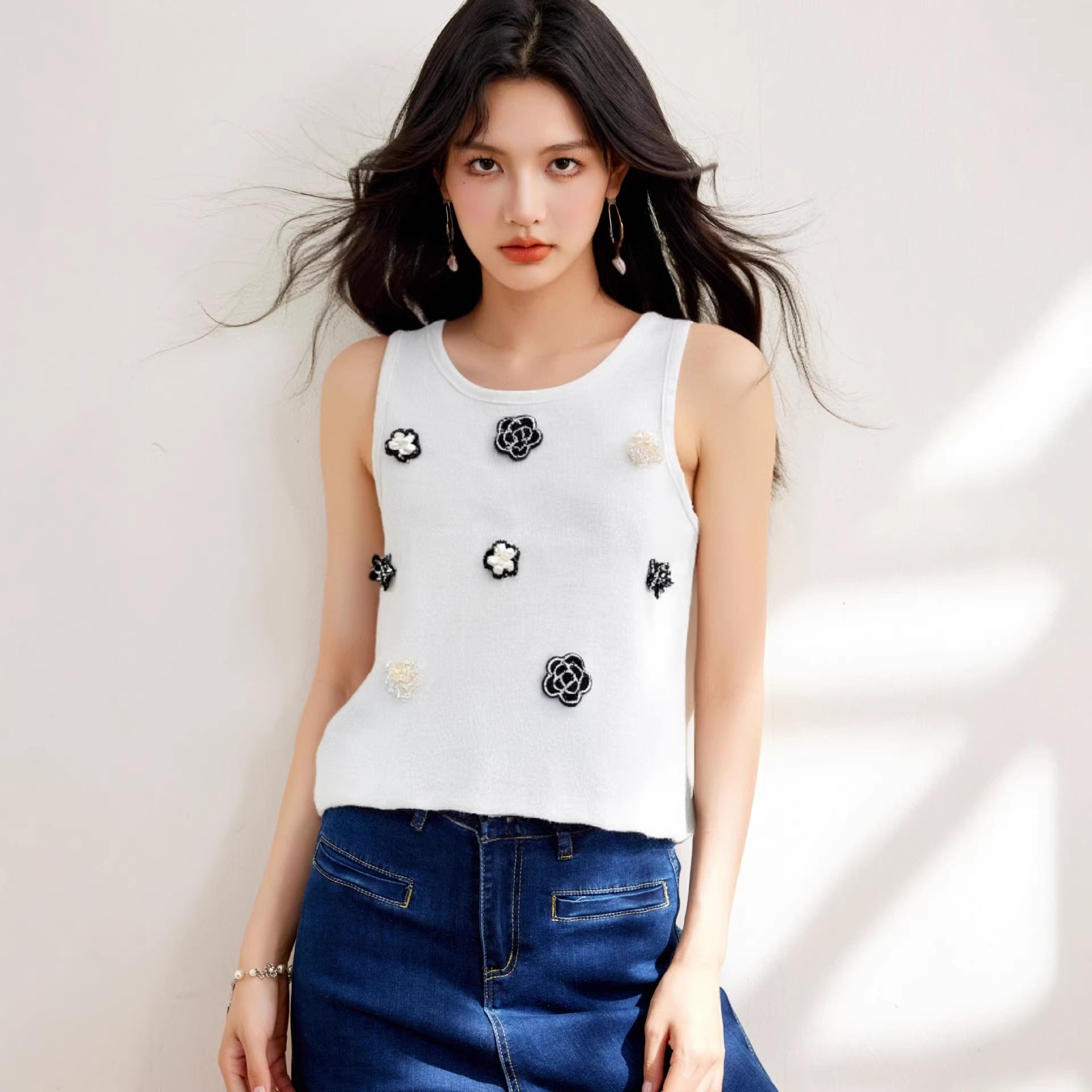 Sophisticated Embellished Beaded and Rhinestone Sweet 3D Floral Decorative Fitted Short Knit Vest for Petite Women