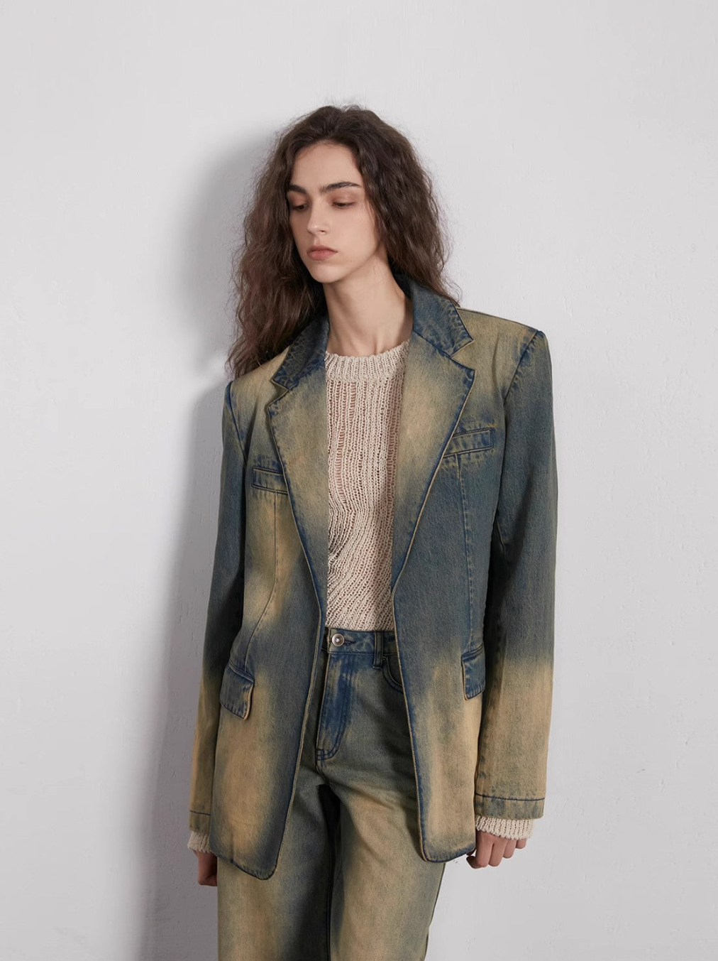 Barcelona street view retro washed distressed wide shoulder suit denim jacket