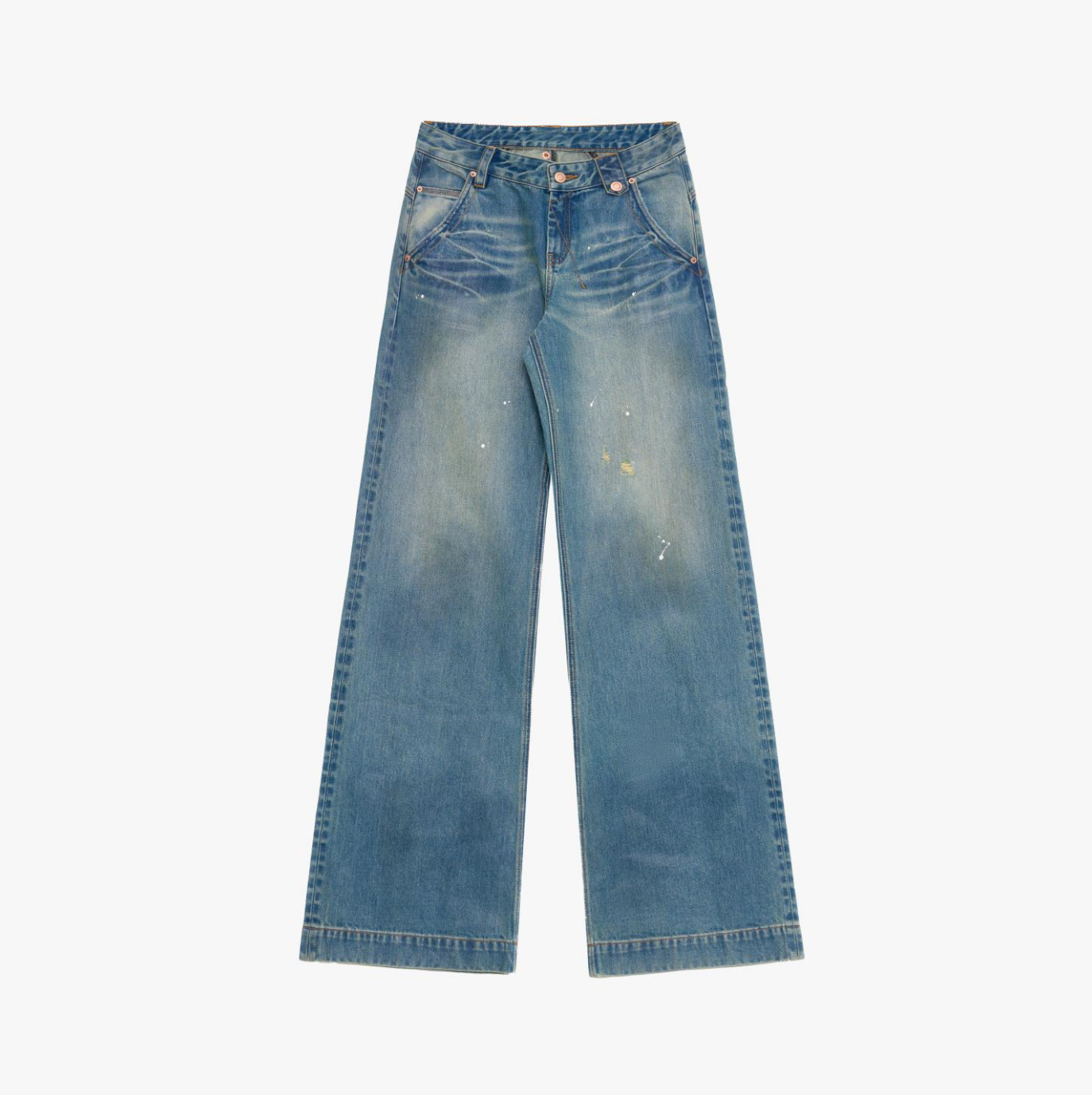 "Climber" leather-coated distressed straight low-rise cotton denim trousers for spring