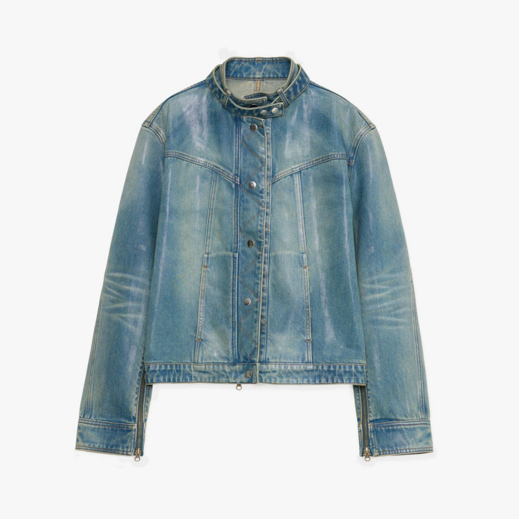 "Welsh" original leather coating process distressed motorcycle style stand collar short denim jacket