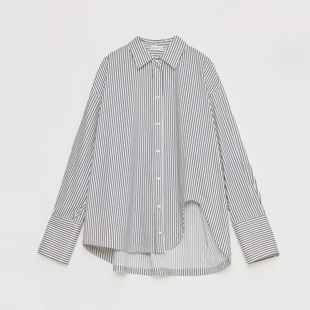 "Striped Fantasy" Casual Asymmetric Slanted Front Two-Wear Striped Long Sleeve Shirt