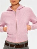 Ribbed Panel Front Pocket Zipper Hooded Short Knit Sweater
