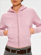Ribbed Panel Front Pocket Zipper Hooded Short Knit Sweater
