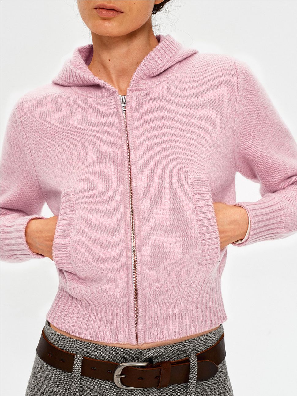 Ribbed Panel Front Pocket Zipper Hooded Short Knit Sweater