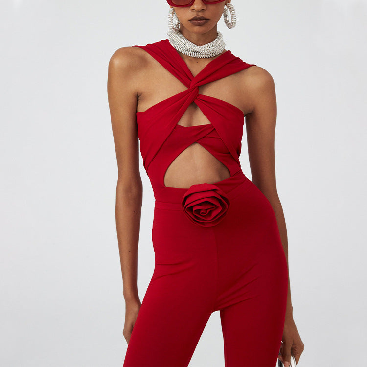 Sexy Hollow Out One-Piece Swimsuit Women Red Rose Set