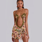 Hollow Out Sexy Printed Thin Strap Mini Dress Women's Backless Sleeveless Fitted Beach Dress Y2K