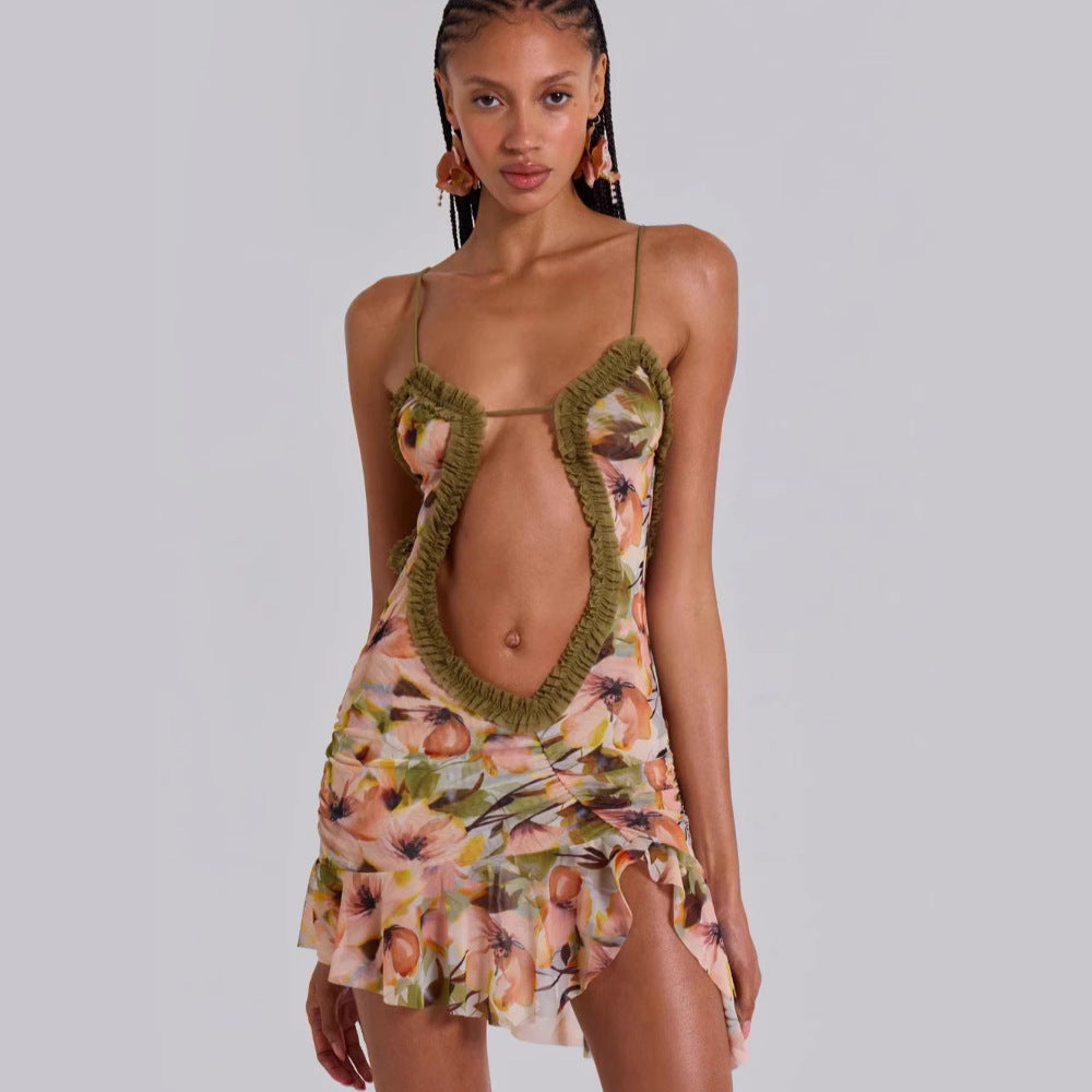 Hollow Out Sexy Printed Thin Strap Mini Dress Women's Backless Sleeveless Fitted Beach Dress Y2K