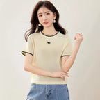 Ruffled Collar Color-Blocked Short Sleeve T-Shirt for WomenRegular Shoulder Waist-Cinching, Ideal for Petite Figures