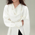 Vintage Loose Drape Neck Asymmetrical Design Long Sleeve Shirt Blouse for Women, TR Fine Diagonal Comfortable Autumn Style