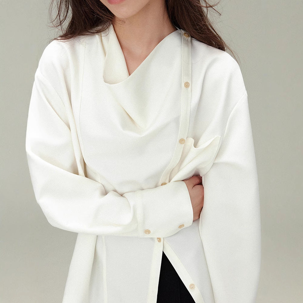Vintage Loose Drape Neck Asymmetrical Design Long Sleeve Shirt Blouse for Women, TR Fine Diagonal Comfortable Autumn Style