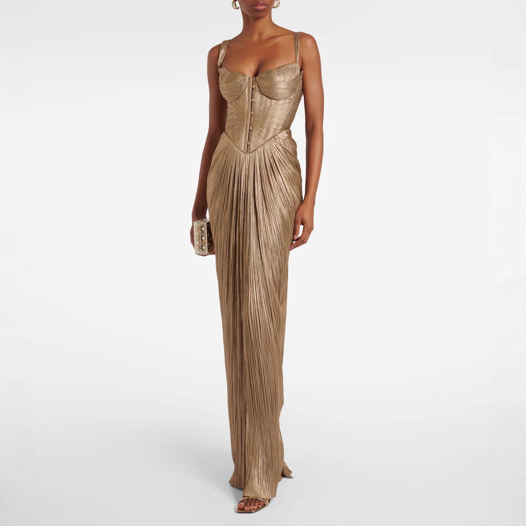 Pleated Gold Foil Tie-up A-line Dress for Casual Party with Slit Design