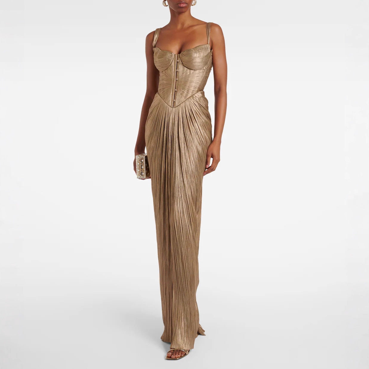Pleated Gold Foil Tie-up A-line Dress for Casual Party with Slit Design