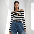 Color blocking striped sexy one shoulder knitted sweater for women spicy girl off shoulder slim fit long sleeved sweater
