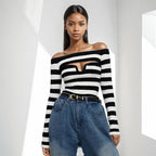 Color blocking striped sexy one shoulder knitted sweater for women spicy girl off shoulder slim fit long sleeved sweater