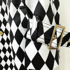 Autumn and Winter New European and American Fashion Black and White Diamond Grid Diamond Grid Diamond Grid Belt Extended Windbreaker Coat
