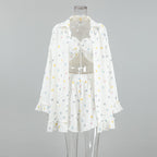 Cotton Sleepwear Set with Floral Print, Ruffled Trim, Long Sleeve Top Short Pants, Three-Piece Sweet Women's Loungewear