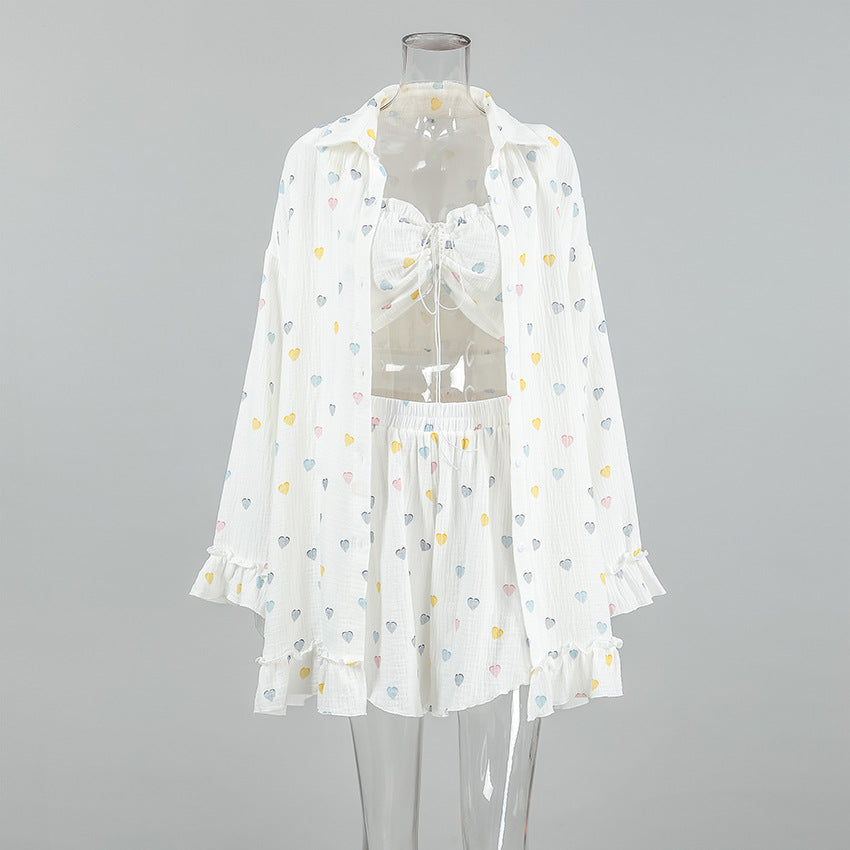 Cotton Sleepwear Set with Floral Print, Ruffled Trim, Long Sleeve Top Short Pants, Three-Piece Sweet Women's Loungewear