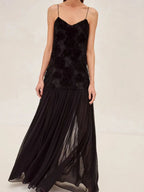 Summer New Women's Sexy Spaghetti Strap Sweet Three Dimensional Rose Flower Patchwork Chiffon Pleated Dress Long Dress