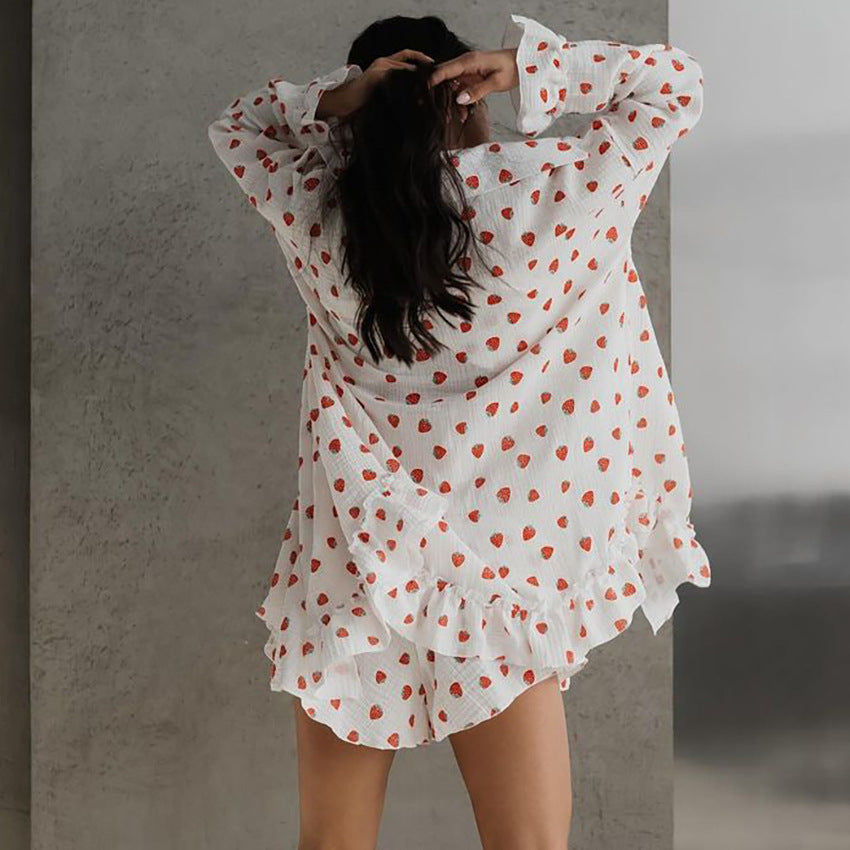 Cotton Sleepwear Set with Floral Print, Ruffled Trim, Long Sleeve Top Short Pants, Three-Piece Sweet Women's Loungewear