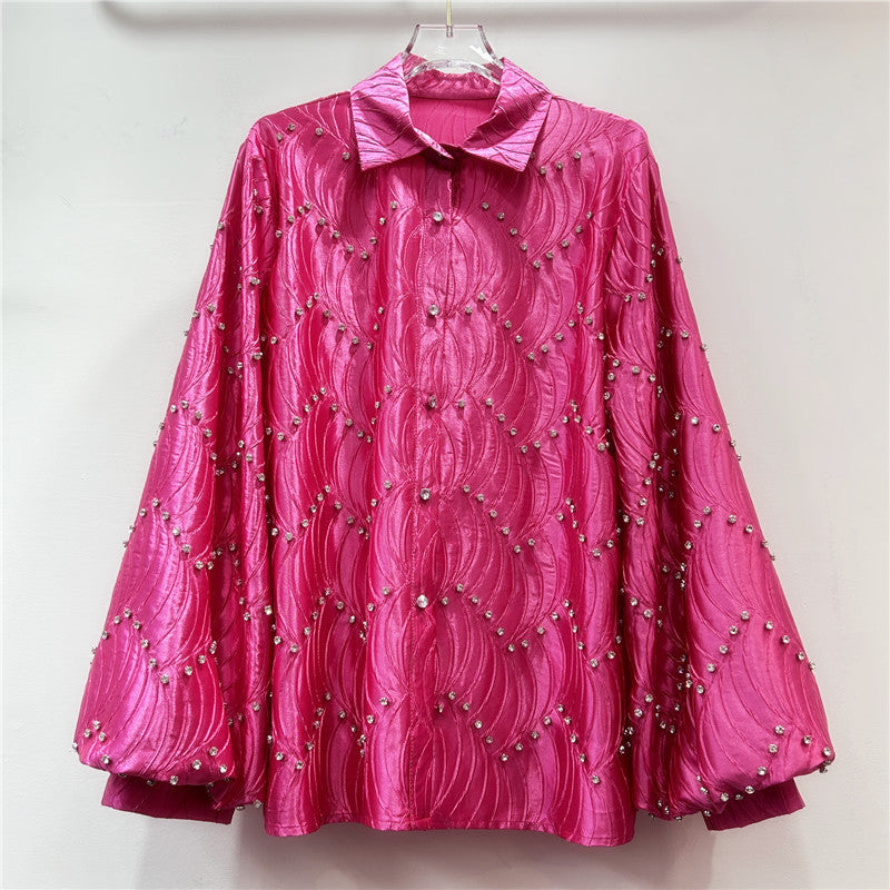 Heavy industry diamond inlaid niche design loose and versatile women's western-style shirt top