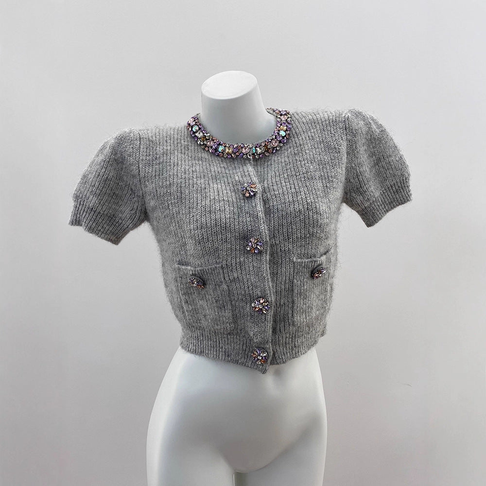 Fashion Style Oversized Knit Cardigan with Alpaca Wool, Colorful Rhinestone EmbellishmentOpen Front Women's Sweater