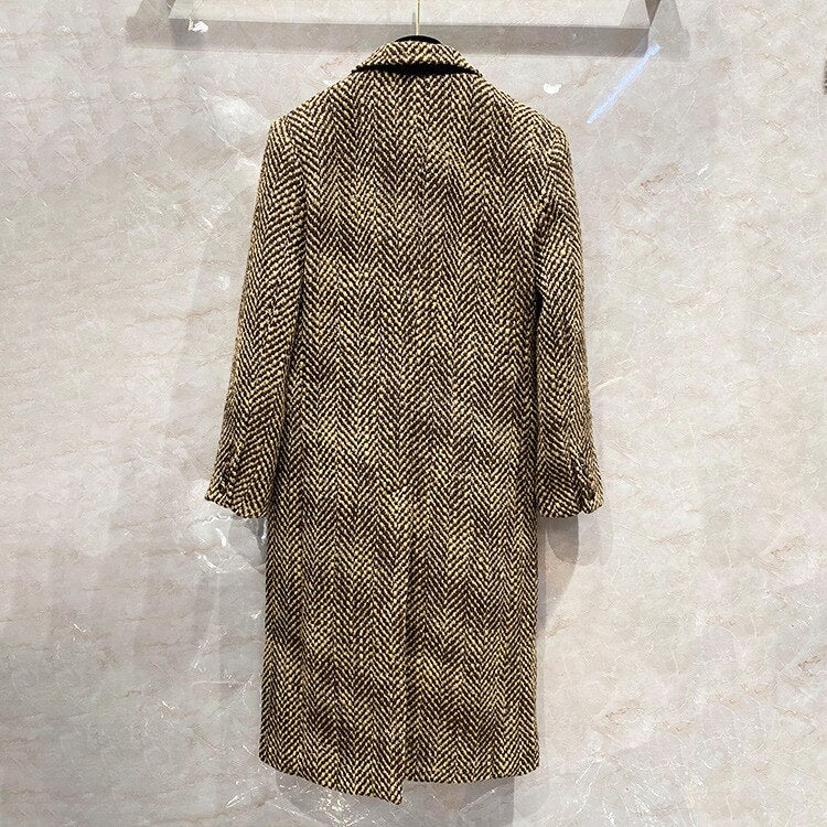 New Retro Herringbone Mohair Coat Women's Woolen Tweed Over The Knee Suit Collar Long Coat