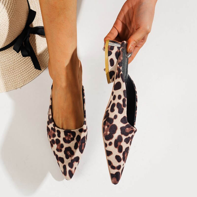 Leopard Chunky Slippers Designer Sandals Summer New Pointed Toe Shoes Brand Slides Dress Beach Flip-flops Women Slippers