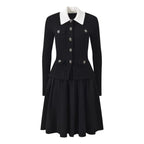French Style Tweed Pattern Short Sleeve Turn-Down Collar Knitted Pleated Mini Dress