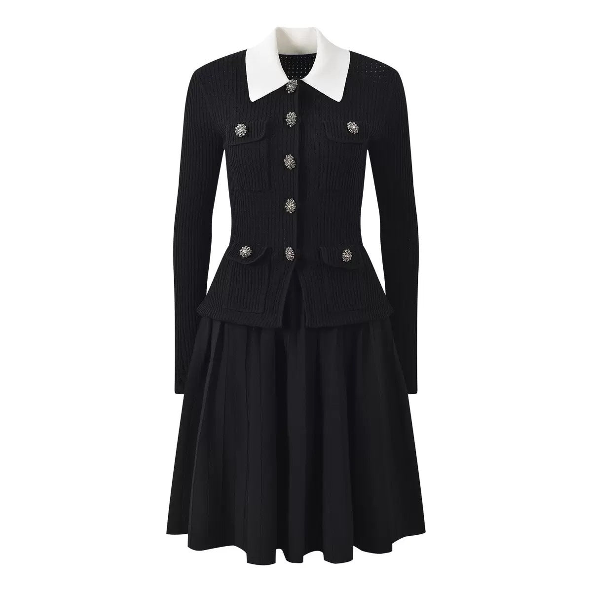 French Style Tweed Pattern Short Sleeve Turn-Down Collar Knitted Pleated Mini Dress
