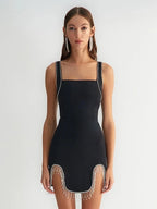 Sexy Square Neck Diamonds Tassel Bandage Dress Women Black Sleeveless Bodycon Asymmetric Mini Dress Cocktail Party Celebrity