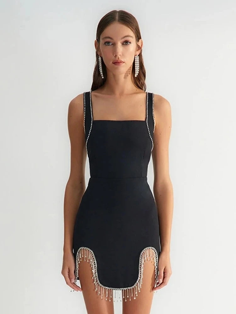 Sexy Square Neck Diamonds Tassel Bandage Dress Women Black Sleeveless Bodycon Asymmetric Mini Dress Cocktail Party Celebrity