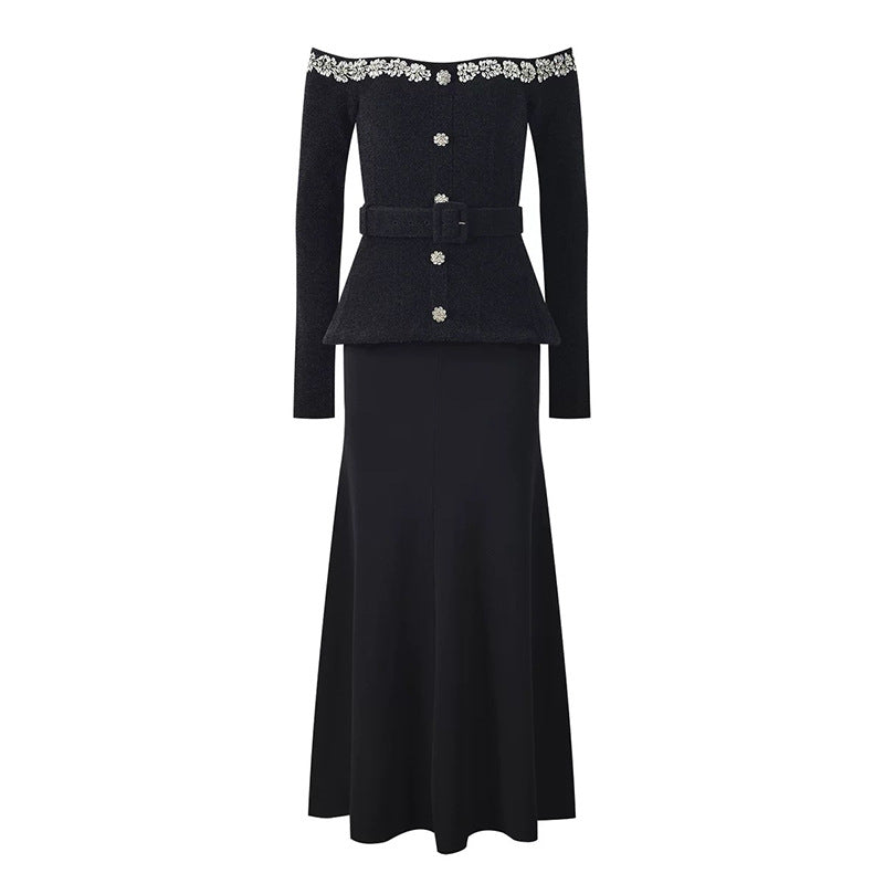 Black Heavy Rhinestone Shoulder-Baring Boat Neck Velvet Long Sleeve Knit Dress for Women