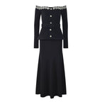 Black Heavy Rhinestone Shoulder-Baring Boat Neck Velvet Long Sleeve Knit Dress for Women