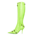 Women's Sexy High Heels Metal Buckle Luxury Shoes Fashion Pointed Toe Ankle Boots Black Stiletto Dress Party Short Boots