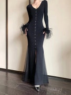 Solid Patchwork Feathers Designer Dresses For Women V Neck Long Sleeve High Waist Spliced Mesh Elegant Dress Female