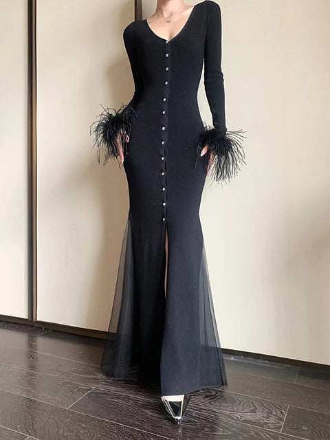 Solid Patchwork Feathers Designer Dresses For Women V Neck Long Sleeve High Waist Spliced Mesh Elegant Dress Female