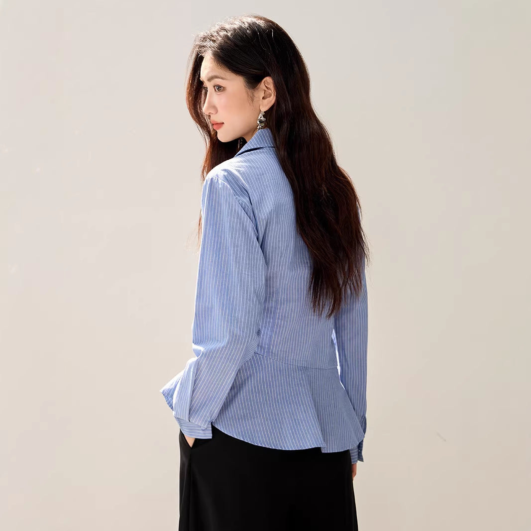 Spring blue and white striped long sleeved shirt for women with a cinched waist design, featuring a versatile layering and slimming style