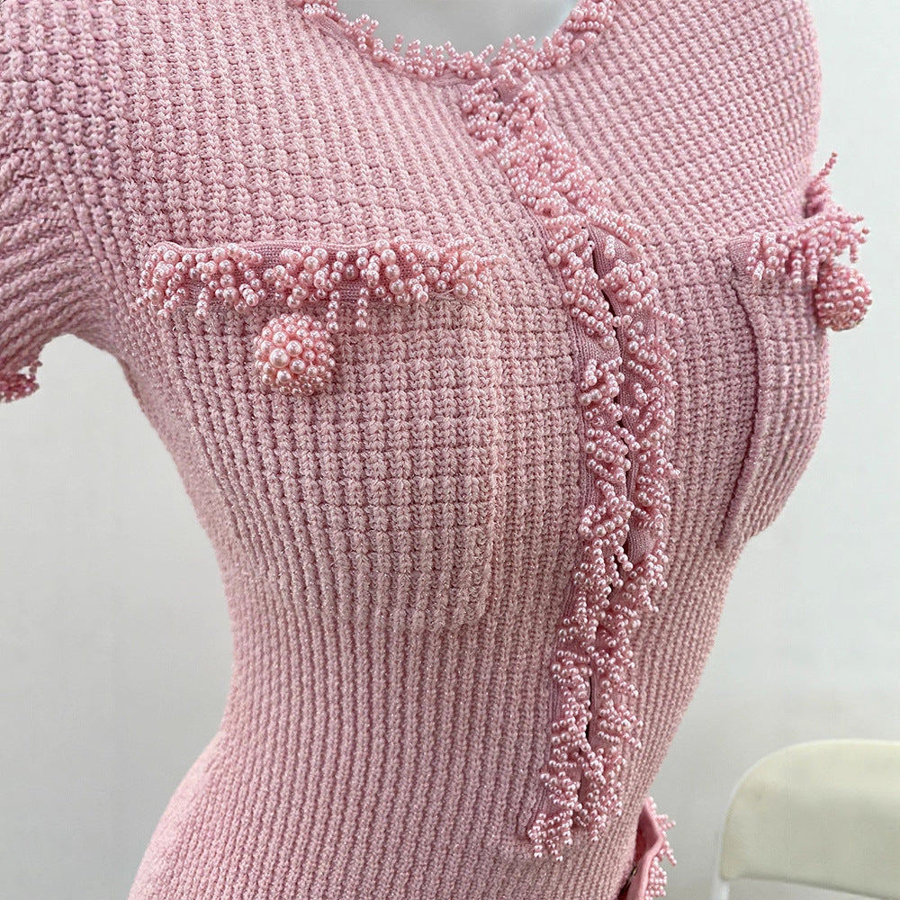 Sweet Pink Beaded Short Sleeve Fitted Mini Dress with Elegant Charm and Youthful Style