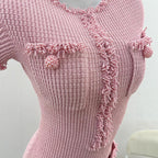 Sweet Pink Beaded Short Sleeve Fitted Mini Dress with Elegant Charm and Youthful Style