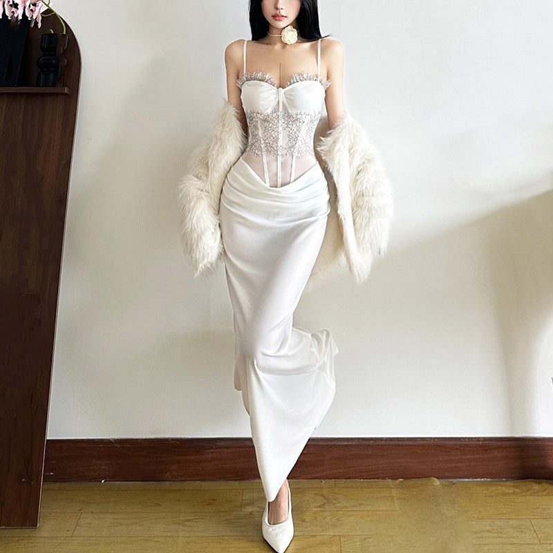 Elegant Chiffon Off-Shoulder Bodycon Dress with Ruffle Detail and Color-Blocking Design