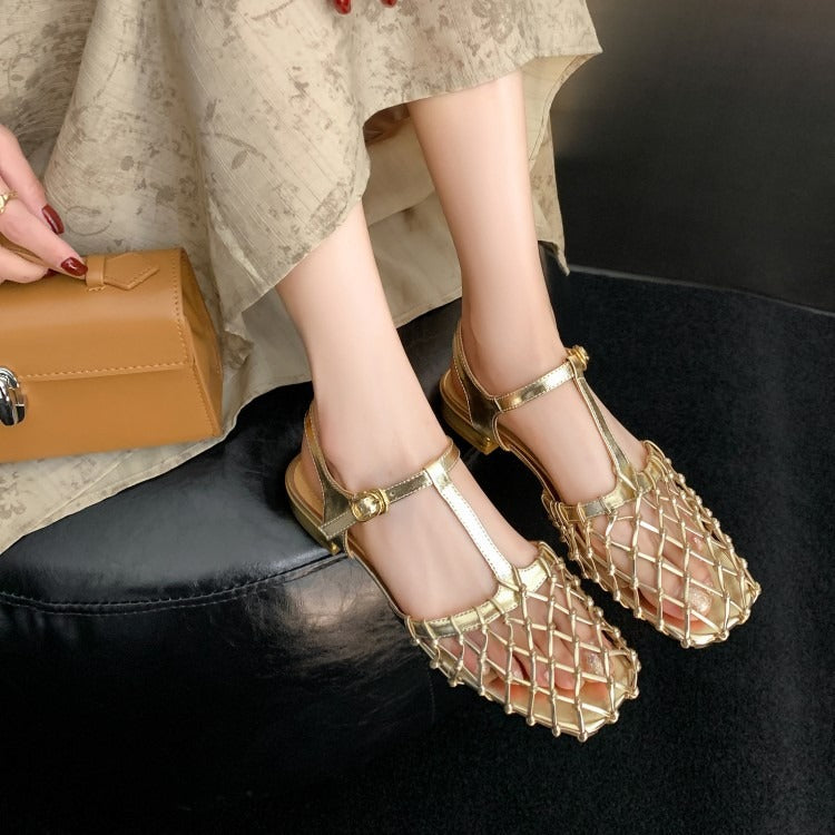 Cowhide foreskin hollowed out T-shaped strap flat sandals Mary Jane shoes