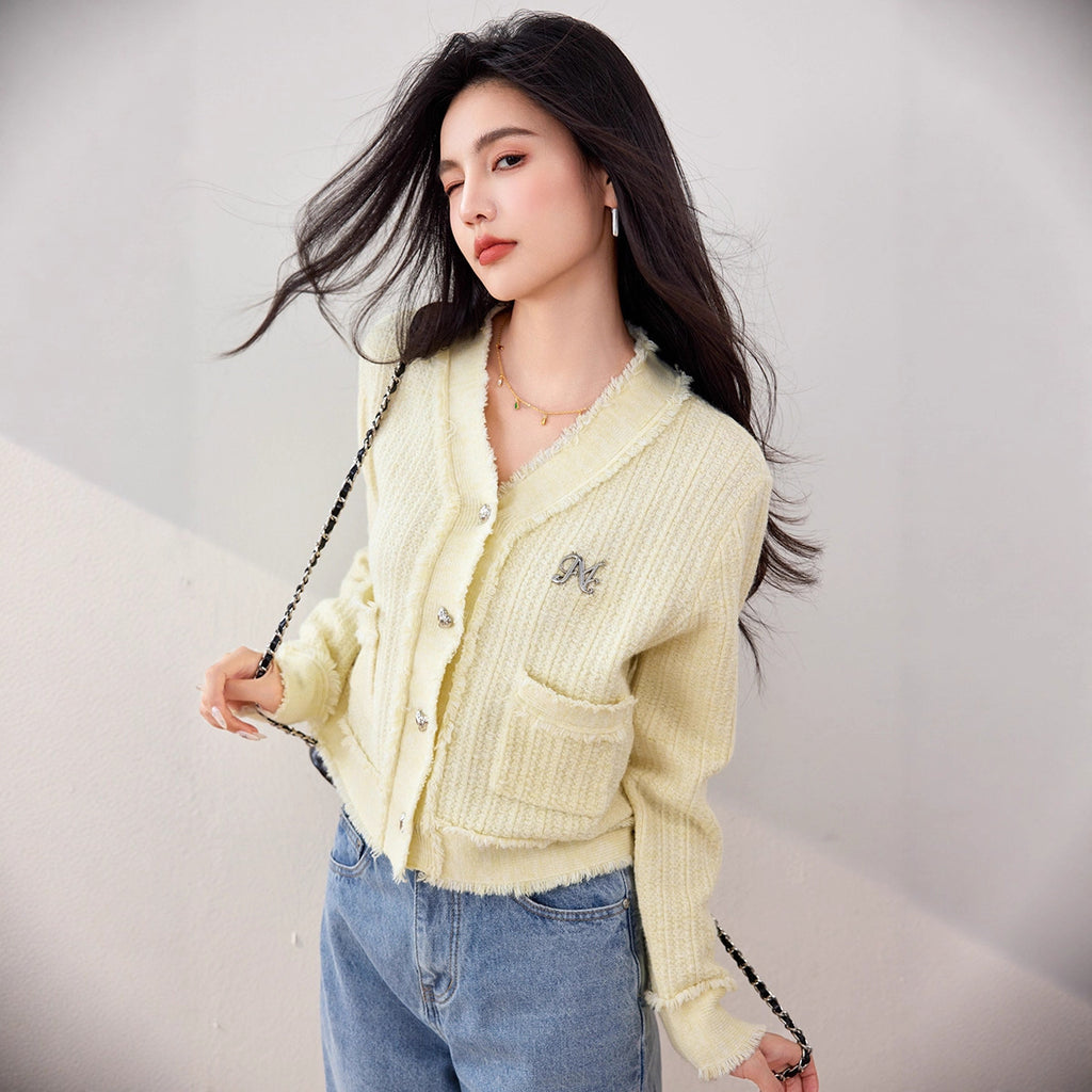 Sweater Women's Cardigan Casual Loose Long Sleeve V-Neck Knitwear Top Yellow