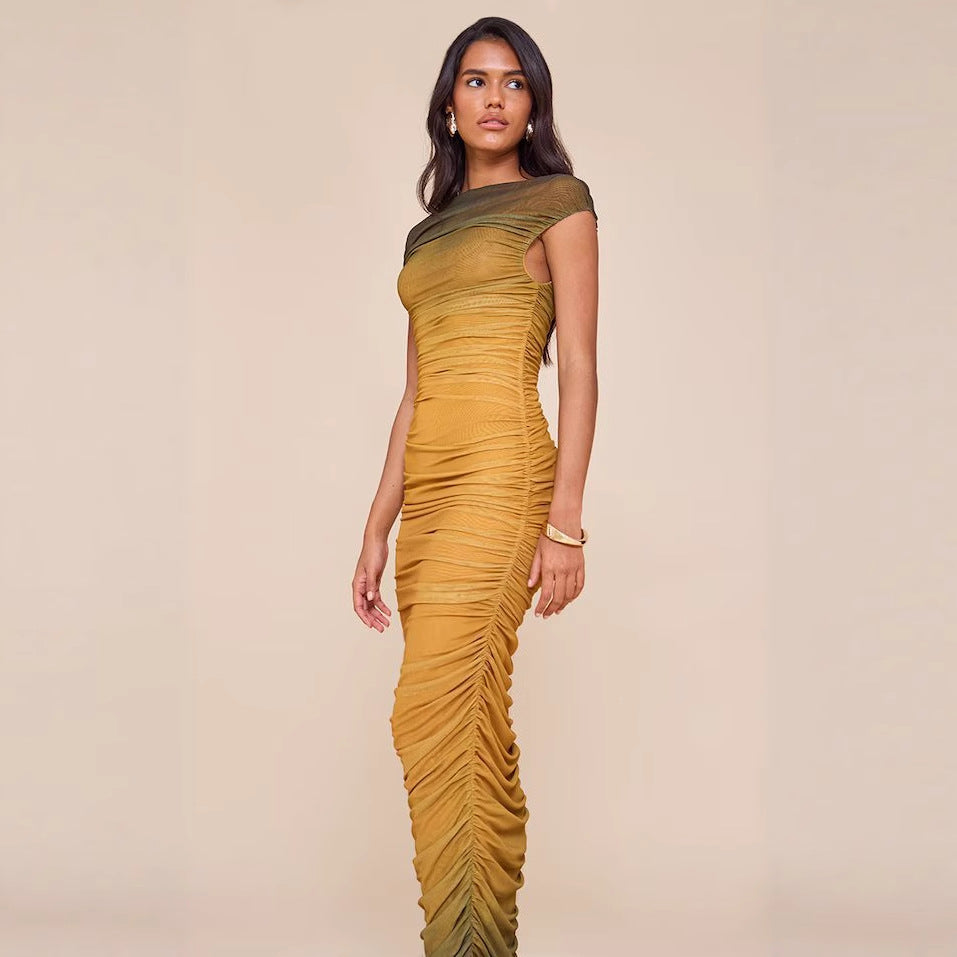 Elegant Gradient Pleated Dress with Fashion Design, Slim Fit, Luxury Style Long Dress