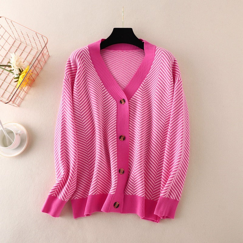 Women Tops Blue Knit Sweaters Love Heart Cardigan Female Chic V Neck Sweater