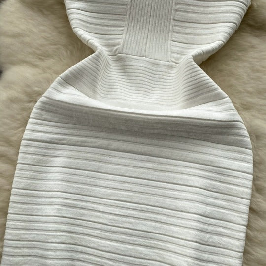 Summer new sleeveless knitted vest skirt with thin pleat design, light luxury, waist cinching, slim fit, hip hugging dress for women
