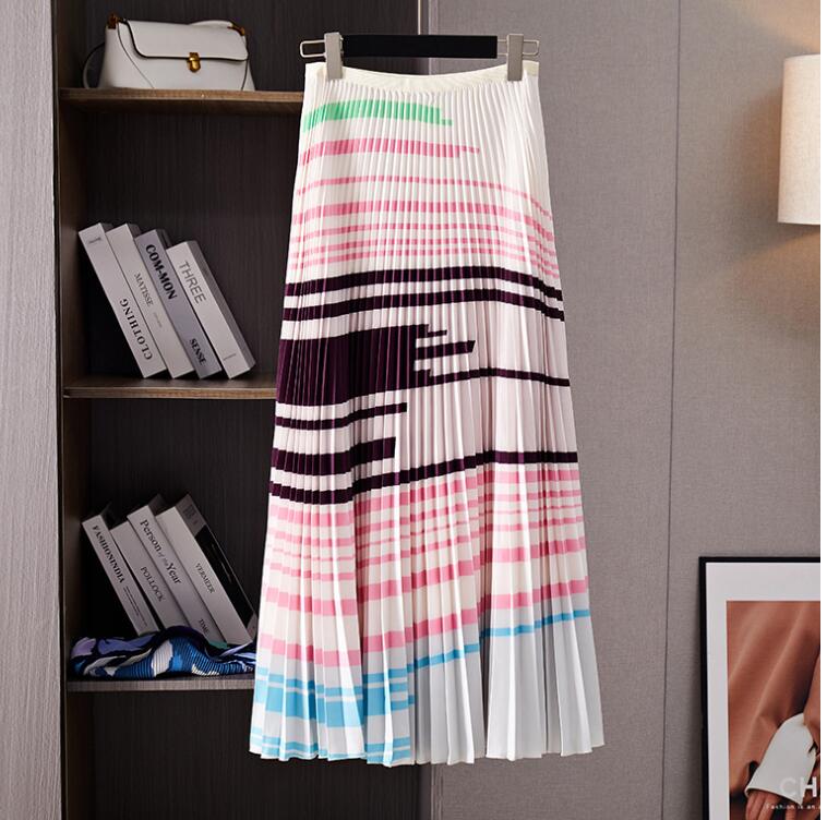 Pleated Pink Print 2 Pieces Set Loose T Shirt Color Block + A-line Skirts Women Luxury Clothes Spring Elegant