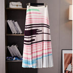 Pleated Pink Print 2 Pieces Set Loose T Shirt Color Block + A-line Skirts Women Luxury Clothes Spring Elegant