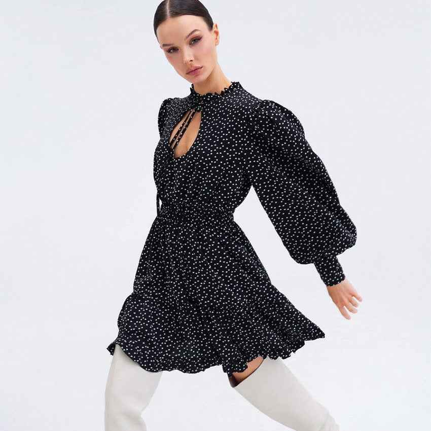 Women European And American Ins Short Skirt Lantern Sleeves Sexy Hollow Air Quality A Line Skirt Polka Dot Dress