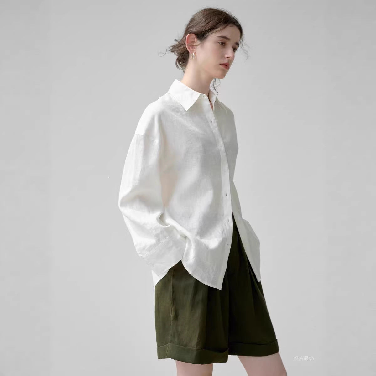 Linen-Blend Shirt Long Sleeve White Blouse Loose Fit Breathable and Cool