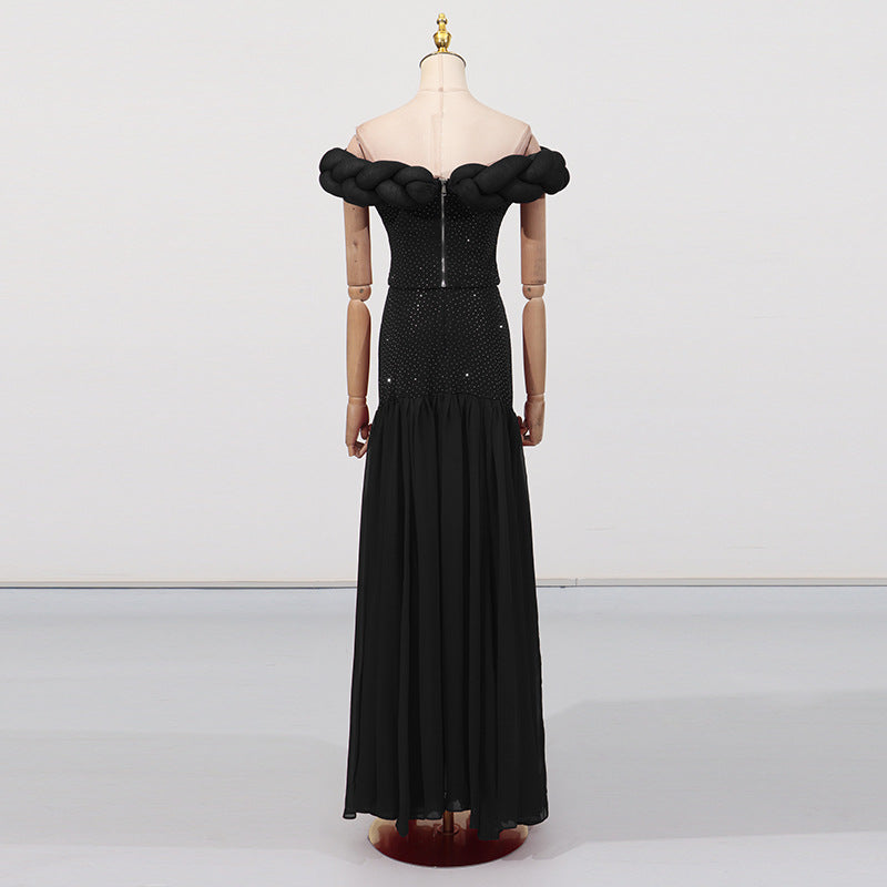 Pure Black Ball Gown High-End Formal Dress Women's Summer Strapless Waist-Cut Top Long Skirt Unique Set